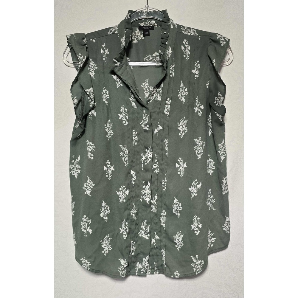 Ann Taylor Factory Green Floral Sleevless Button Front Bluse Size S